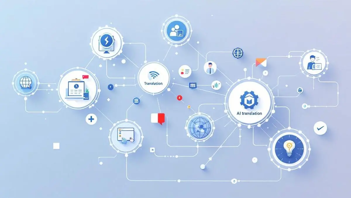 Workflow automation ai translations interconnected nodes language quality assurance global communication