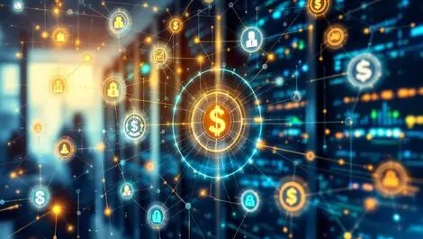 Abstract digital nodes financial symbols ai infrastructure corporate background