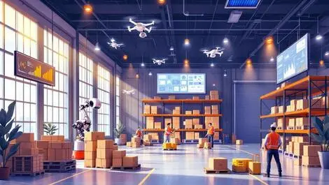 Realistic illustration modern warehouse automated robots drones data analytics renewable energy workers ai technology integration