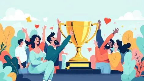 Golden trophy happy people celebrating success achievement customer satisfaction