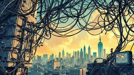 Aging wires cables old network hardware over modern city digital nodes cloud icons australia