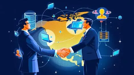 Businesspeople shaking hands over north america map with server network symbolizing software migration