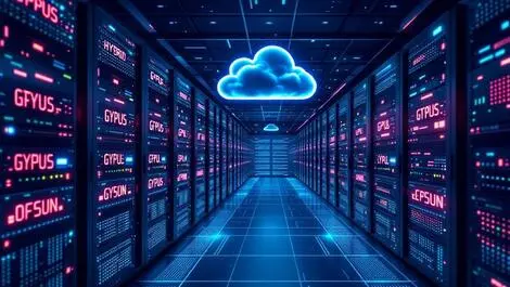 Illustration data center rows server racks glowing gpu chips cloud hybrid ai