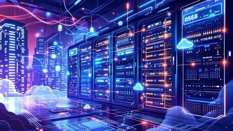 Modern data center servers glowing cables ai optimizing operations asian cityscape