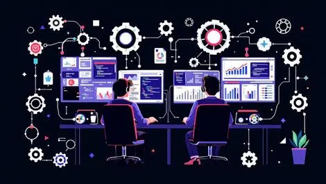 Team software engineers collaborating coding automated testing gears