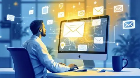 Office worker reviewing emails with ai digital shield and neural network protection