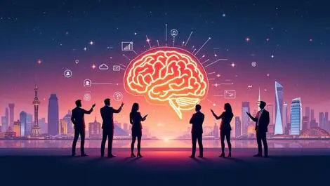 Business professionals collaborating around illuminated brain anz ai support