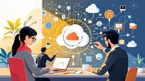 Business professionals collaborating network diagram teamwork technology office