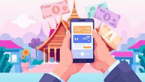 Hands holding smartphone with digital wallet thai architecture banknotes