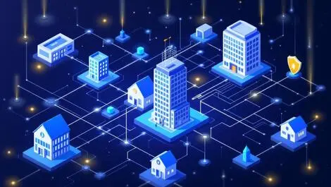 Illustration interconnected office buildings homes secure network hybrid work