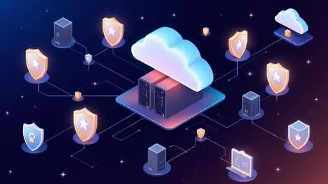 Interconnected servers cloud symbols protective shields cybersecurity collaboration