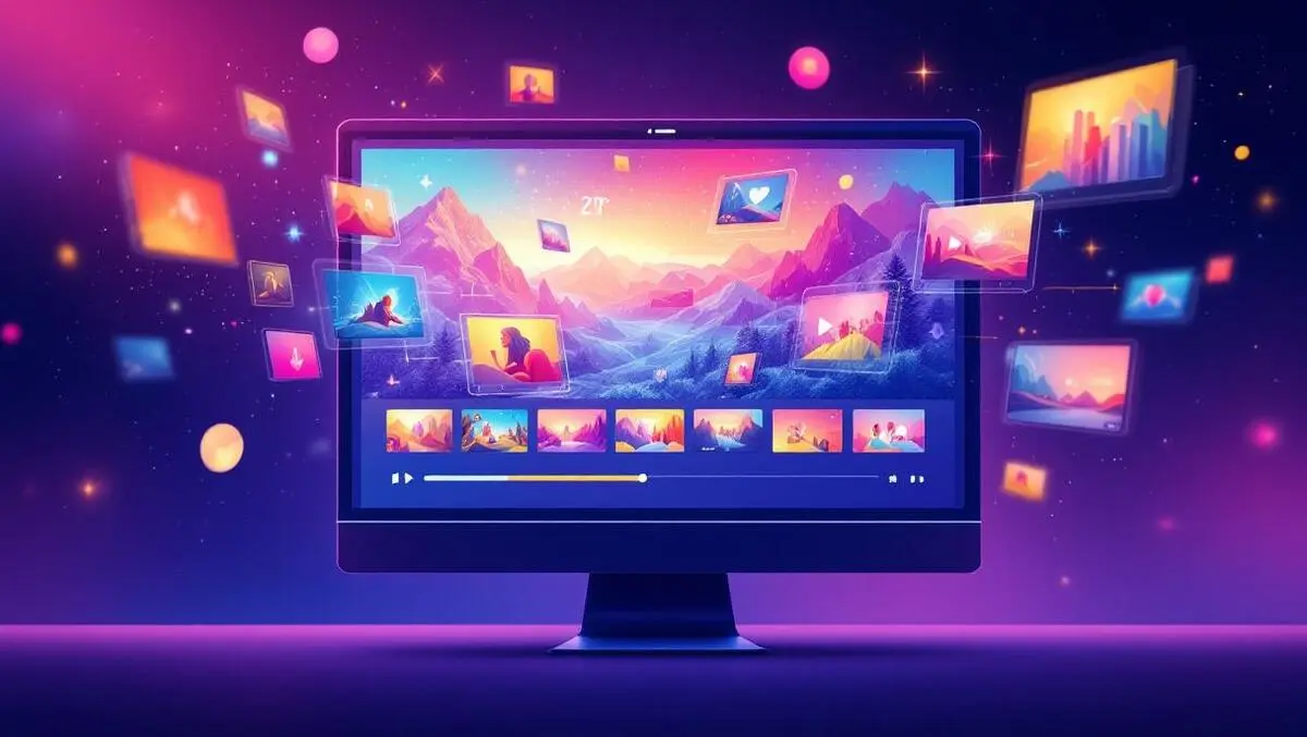 Graphic illustration computer screen vibrant video timeline ai video generation power