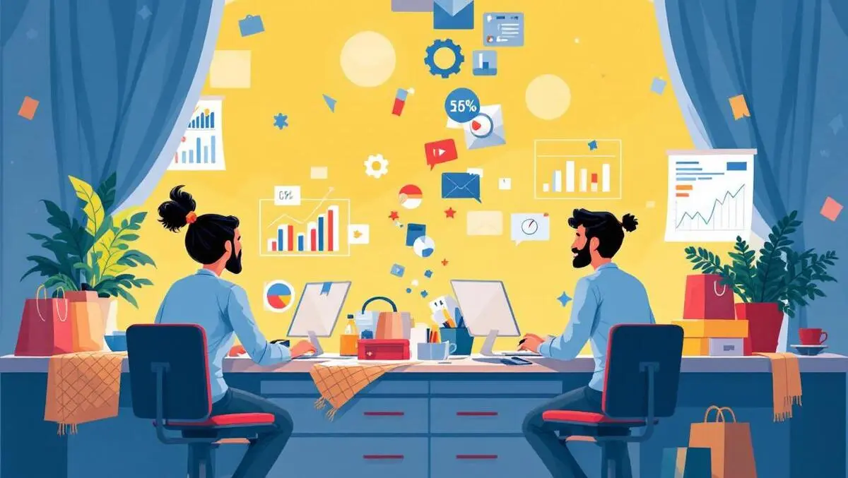 Small business owners analyzing charts data shopping bags electronic products