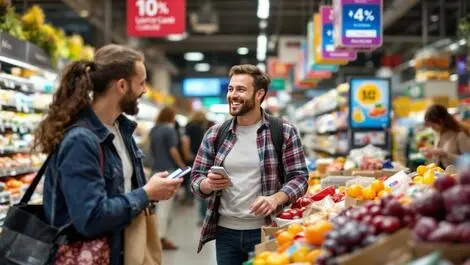 Cheerful uk shoppers browsing bright supermarket promotions loyalty