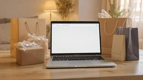 Realistic photo laptop online shopping website cardboard boxes cozy canadian home