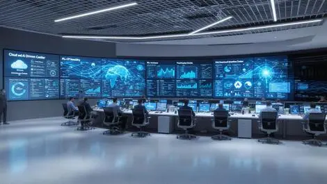 Modern it operations center engineers monitoring wall sized data screens