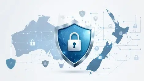Secure digital network overlapping shields padlocks australian new zealand cybersecurity