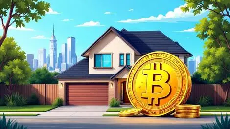 Australian suburban house with golden bitcoin coin city skyline crypto real estate