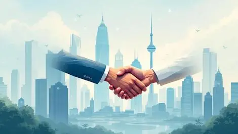 Modern southeast asian city skyline business acquisition fintech shakehand