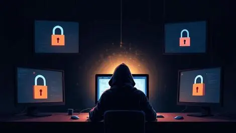 Hooded figure at computer dark room cyber threat locks warnings