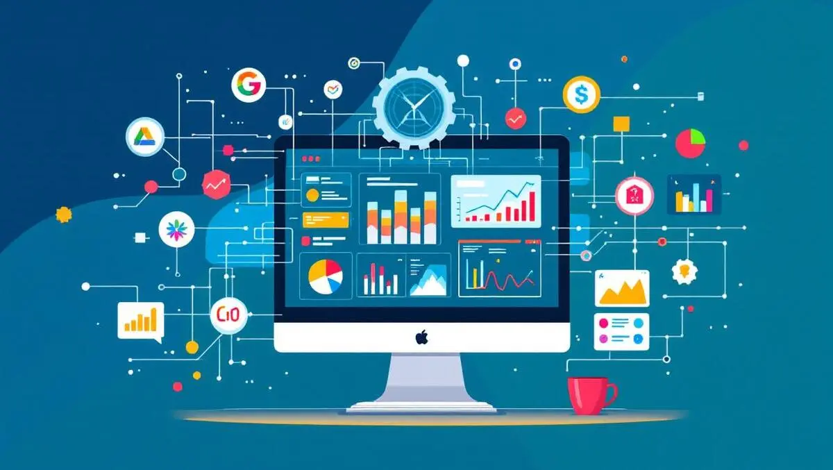 Computer screen colorful graphs charts abstract networks data nodes digital commerce