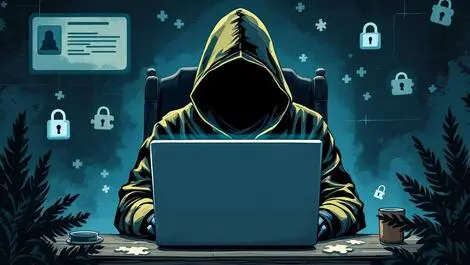Hooded figure computer puzzle pieces lock icons cyber threats dark shadows