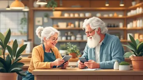 Older australian shoppers engaging warmly with retail staff inviting store