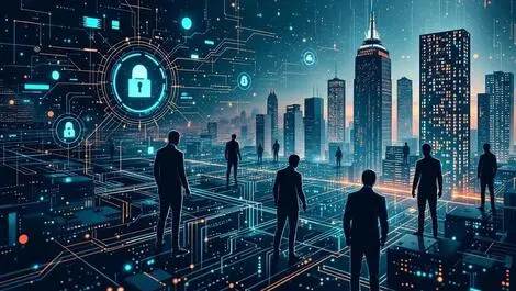 Dark digital landscape ai cyber threats australian office skyline