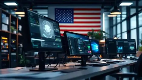 Realistic photo us government office computers servers american flag high tech efficiency