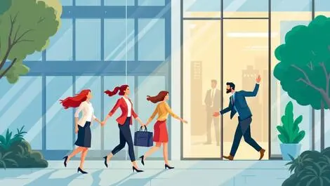 Businesswomen leaving australian office male colleagues inside gender pay gap workforce reduction