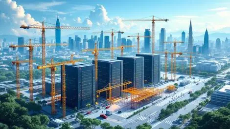 Detailed illustration modern data centers construction cranes power infrastructure southeast asia urban skyline thailand malaysia