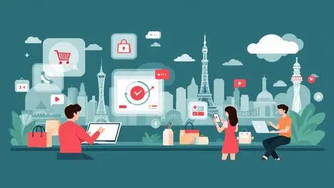 Shoppers browsing ecommerce platforms laptops mobile devices sea landmarks