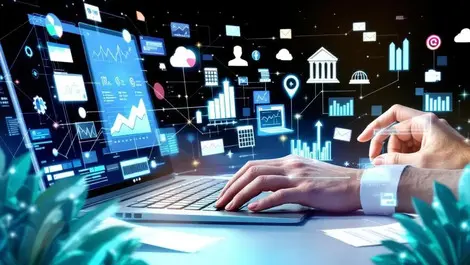 Businessperson using laptop with digital charts and financial documents for modern fintech