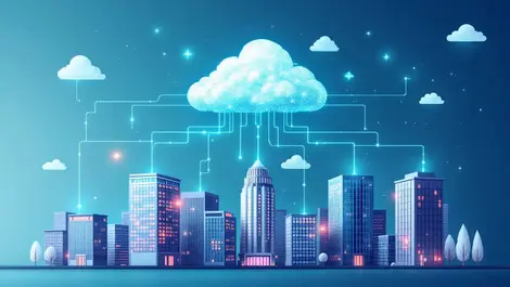 Centralized cloud above interconnected office buildings digital data flow secure connections modern it networking