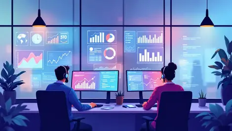 Modern office employees computers headsets digital data graphs uk financial sector