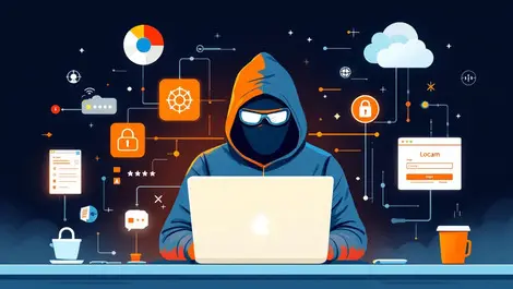 Realistic hacker at computer with digital symbols login screens microsoft 365 credential theft