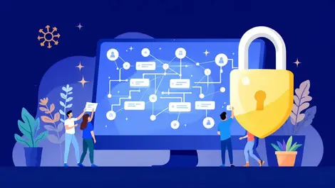 Team software engineers collaborating computer workflow automation security lock