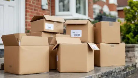 Uk front porch with opened cardboard delivery boxes returns overcast
