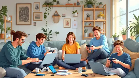 Young australians casual indoor tech gadgets laptops video games smartphones