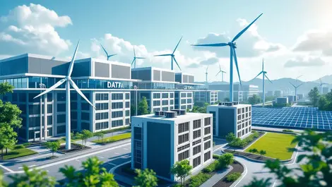 Modern data center buildings cooling units green energy wind solar