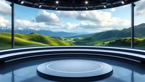Modern broadcast studio digital screens clouds new zealand green hills