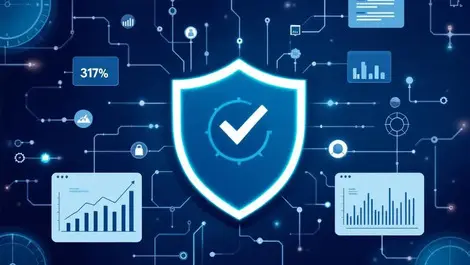 Modern shield checkmark digital network data dashboard cybersecurity msp