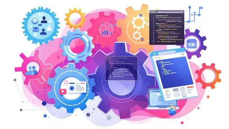 Interconnected gears code symbols web app interfaces open source software development