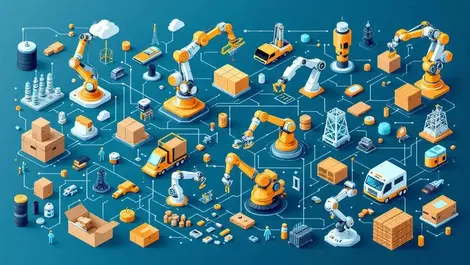 Network of robotic arms assembling industrial objects automation ai