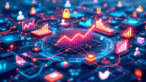 Interconnected colorful data charts graphs real time marketing insights