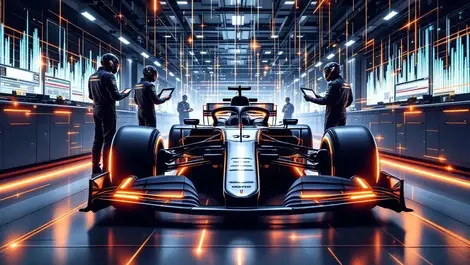 Modern formula one car glowing data lines engineers analyzing digital screens high tech garage