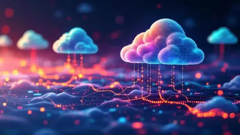 Abstract digital illustration interconnected clouds colorful data streams open data sharing analytics