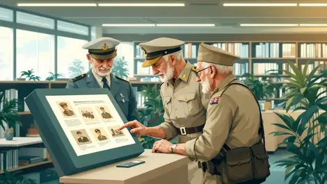Australian ww1 military veterans interacting with digital kiosk in modern library