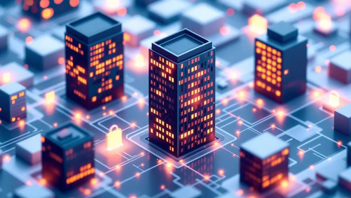 Interconnected data streams glowing nodes secured customer interactions enterprise buildings digital network