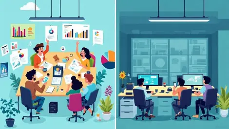 Busy office marketing team active desks sales graphs it area quiet empty